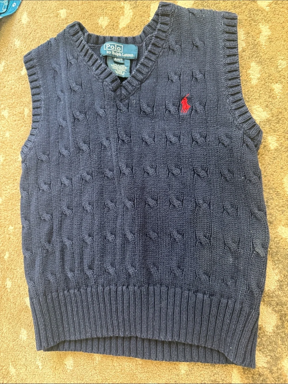 Polo by Ralph Lauren Navy Cable-Knit V-Neck Sweater Vest with Red Pony